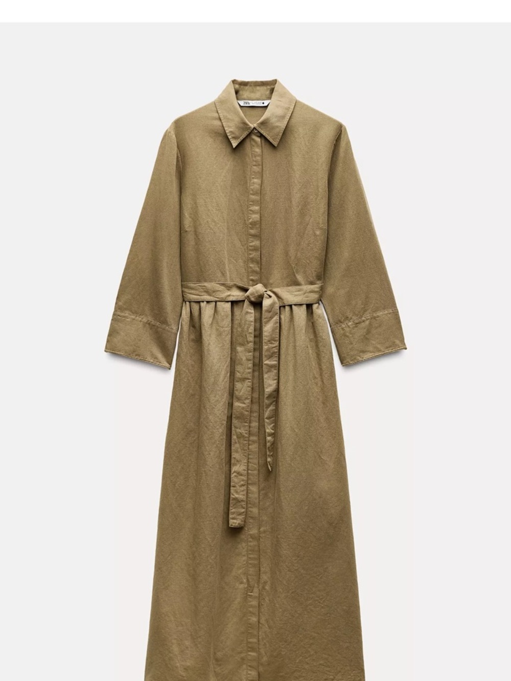 Zara Olive Tie-Belt Maxi Shirt Dress